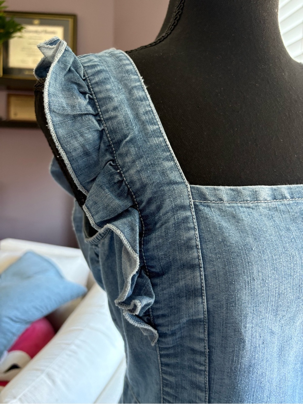 Japna Sleeveless Light Blue Denim Mini Dress Ruffle Straps Pockets Smocking - Picture 10 of 16